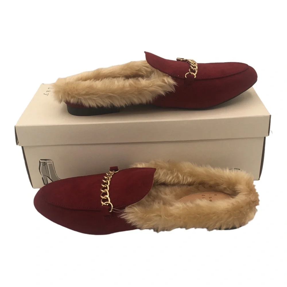 a new day Size 8.5 Women’s Rene Burgundy Flats Slide On Faux Suede & Fur Lining - Picture 1 of 11